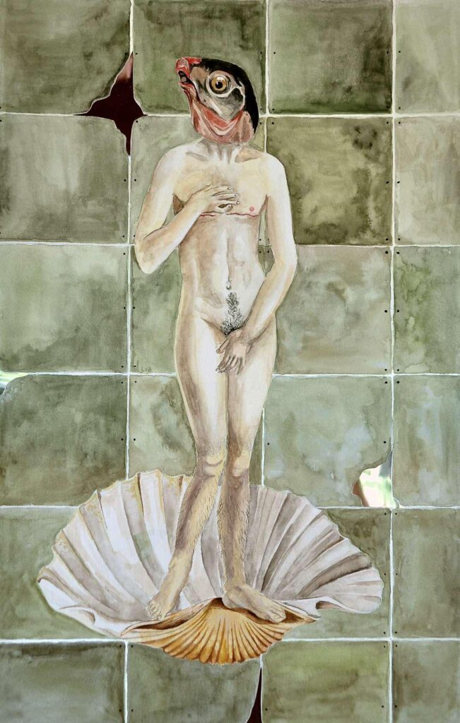 O Nascimênto de Vênus que se descobriu Marte, 2020. Técnica mista: aquarela e papel espelho. 42X29. [1073x1687 px]
