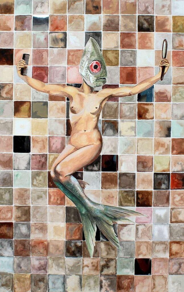 Dos sete reflexos. Imposições feitas a
um ser perfeito, 2019. Técnica mista: aquarela e papel espelho. 42X29. [797x1264 px]