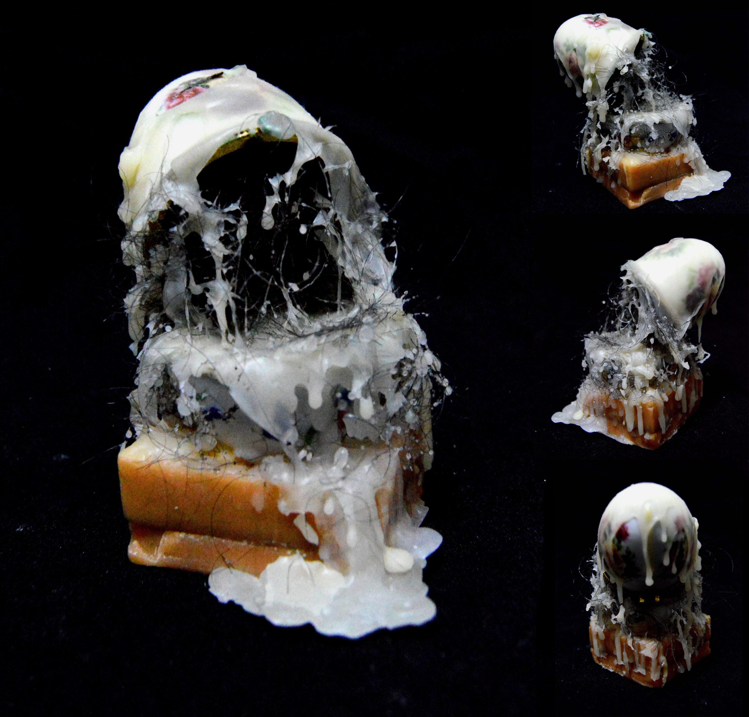 Série Blasfêmia, Objeto 2, 2019 Materiais: Caixinha de porcelana (ready-made), cera de abelha branca, cera de abelha amarela, tinta a óleo, cabelo. Tamanho: 8x11x12,5 cm Técnica: Objeto Tridimensional / Escultura [2560x2449 px]