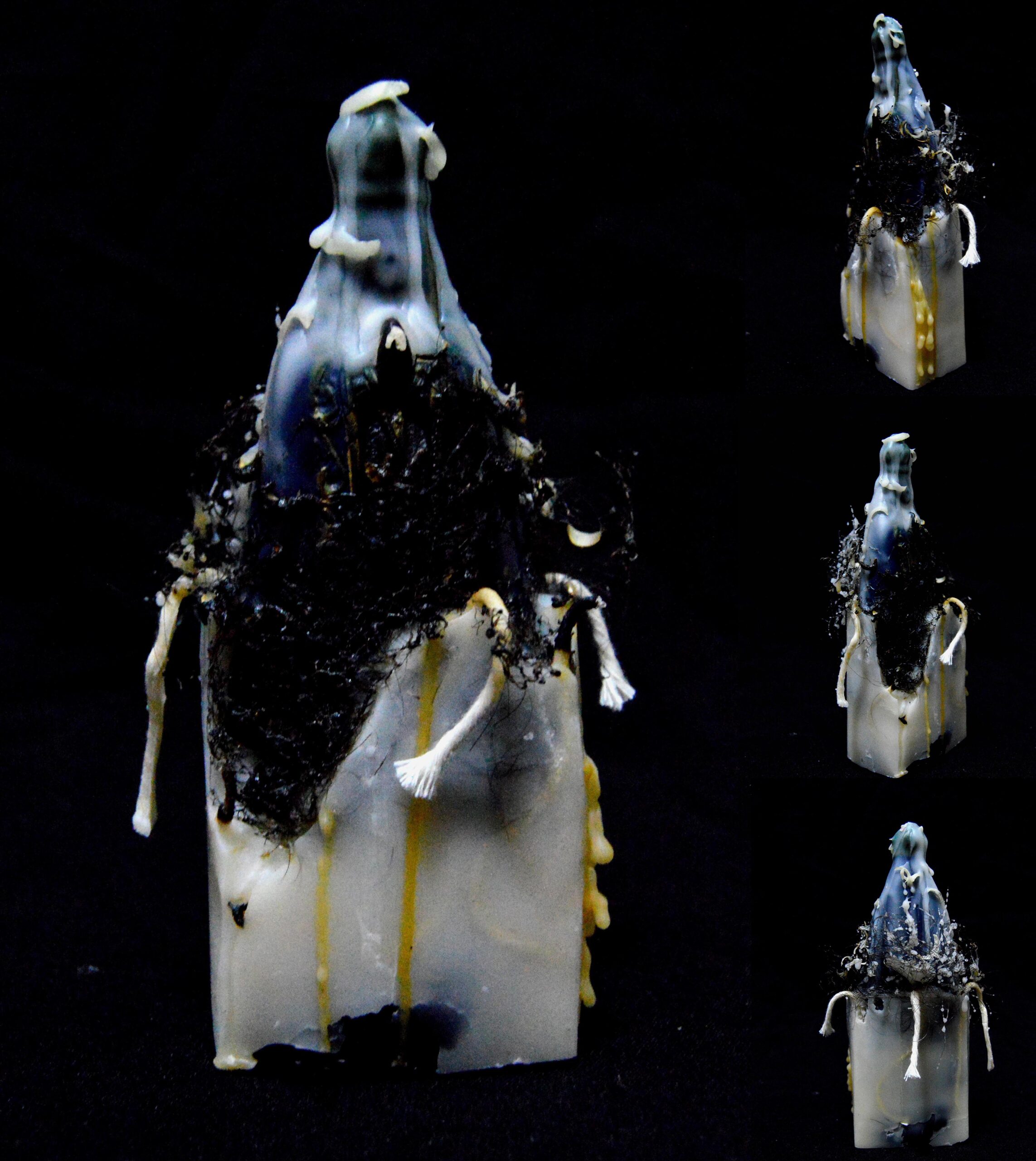 Série Blasfêmia, Objeto 5, 2020 Materiais: Santa de gesso, cera de abelha branca, barbante, cabelo, unha, fogo. Tamanho: 9x9x18,5 cm Técnica: Objeto Tridimensional / Escultura [2285x2560 px]