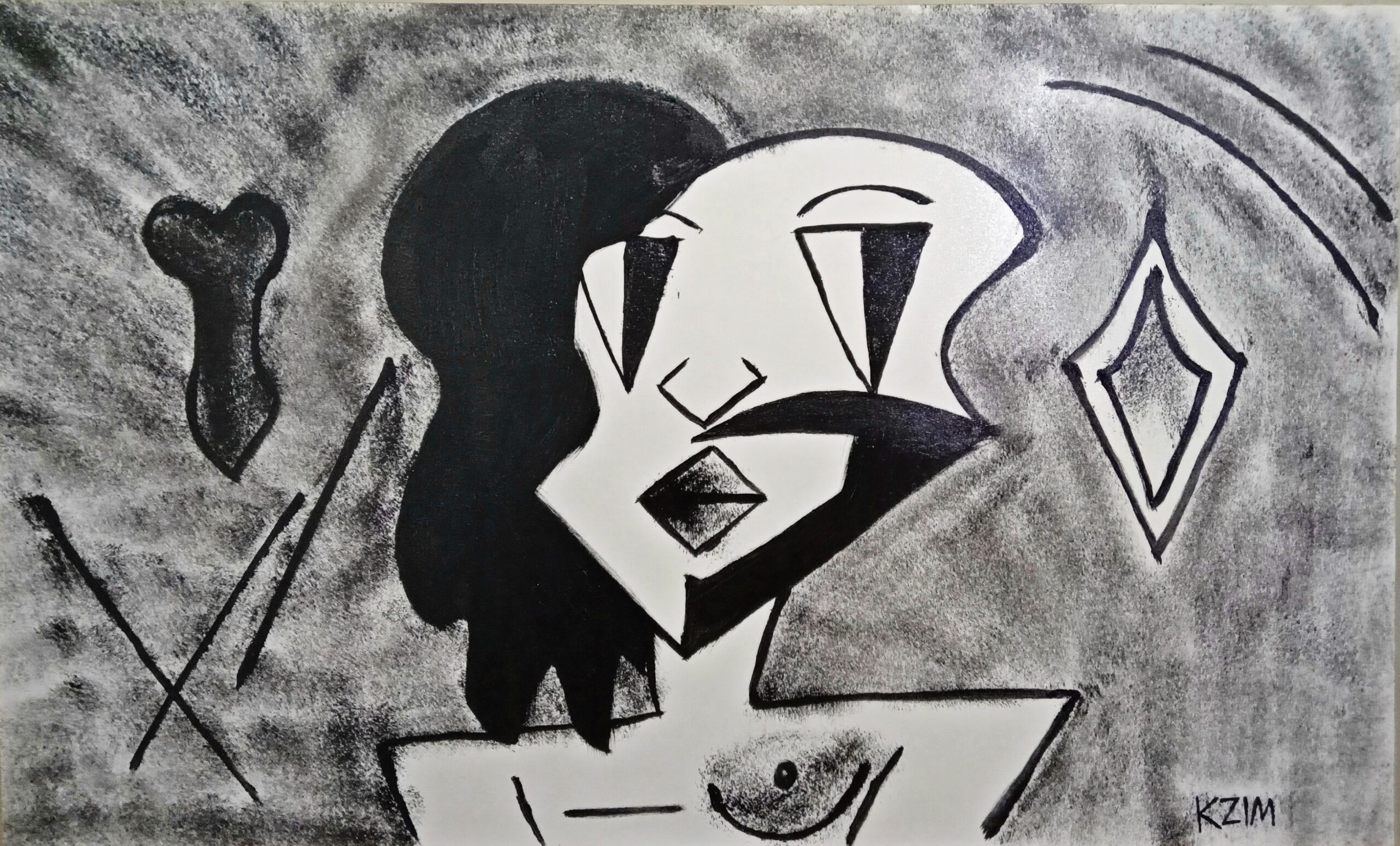 Título: Elus
Descrição: A obra contrasta o feminino e masculino de uma abordagem transexual, que visa transmitir as outras representações do que é gênero além da cisgeneridade. 
Tamanho: 71x46
Óleo sobre tela - material: madeira compensada. [2560x1547px]