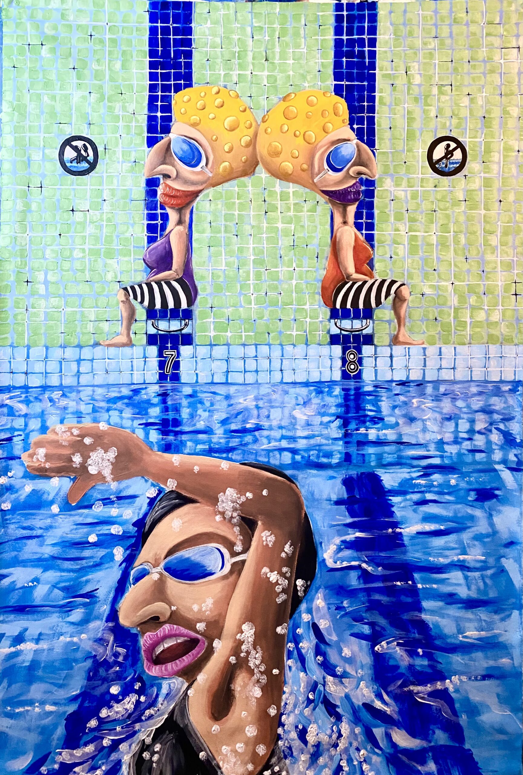  Gherta e Freda na piscina - 2022 - acrílico sobre canvas - 80x125. [1729x2560px]