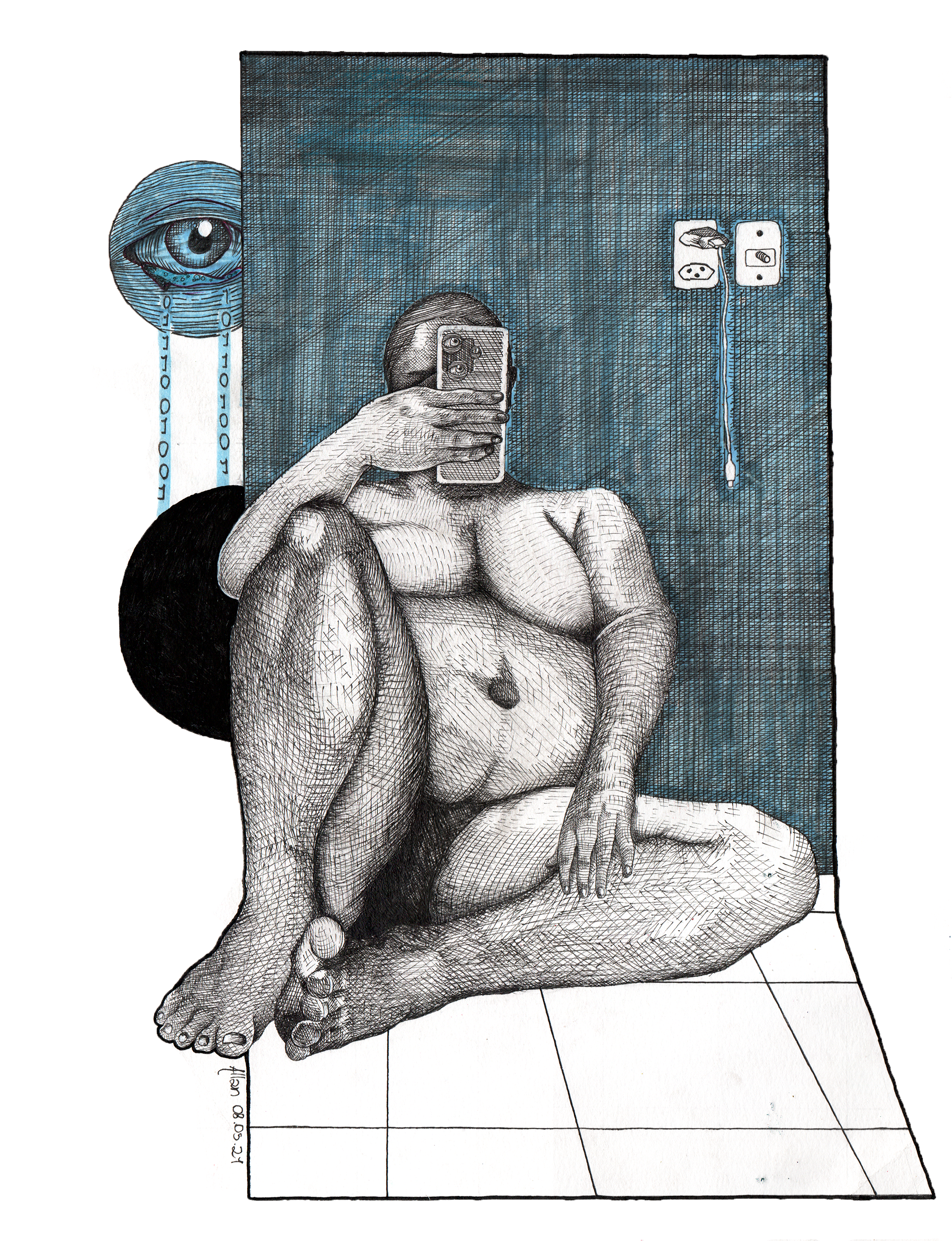 Corona blues I, Técnica mista nankin e marcador de texto. [2173x2832px]