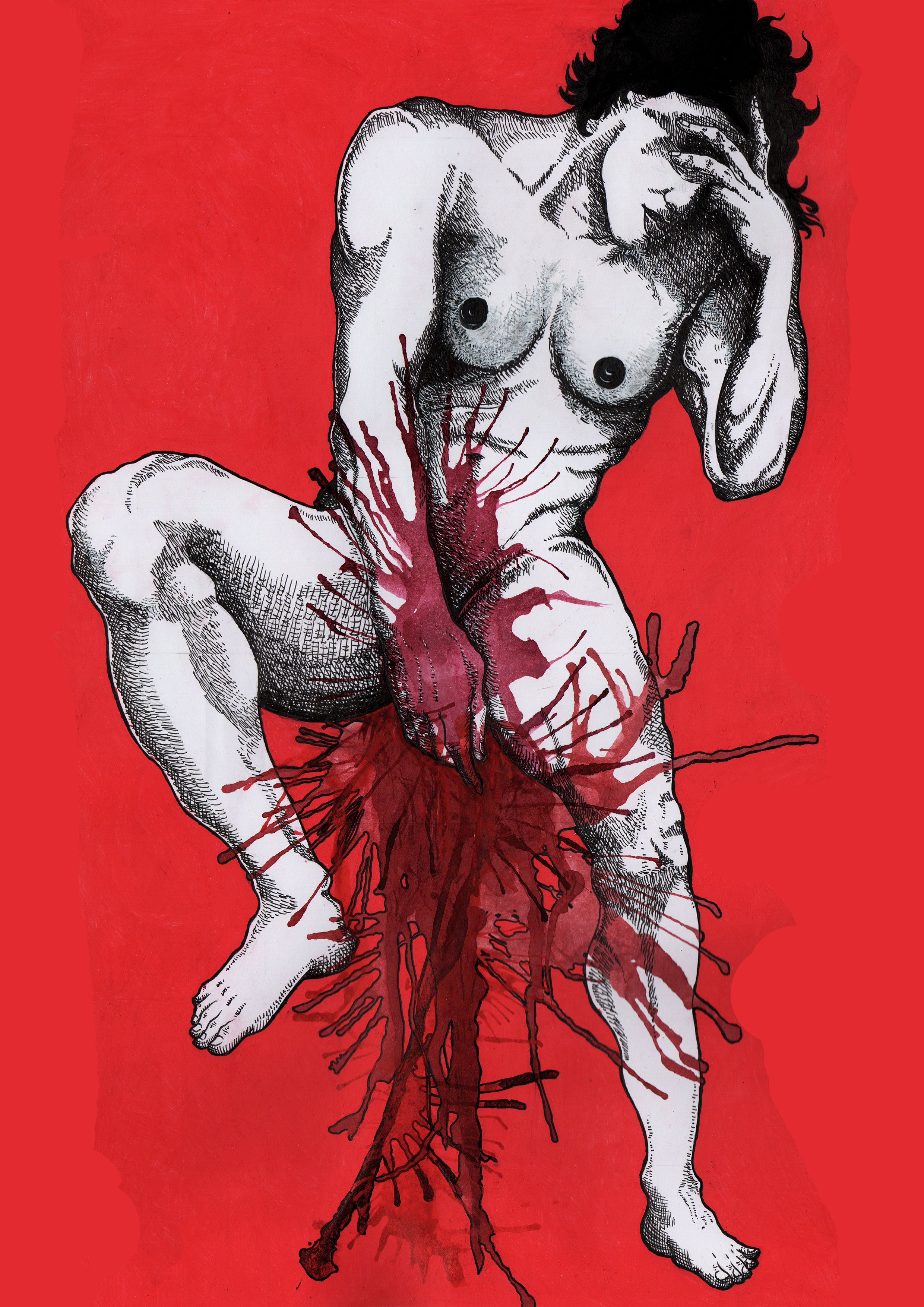 Homem, nu, completo e menstruado, 2021, Técnica mista nankin e acrílica. [2480x3508px]