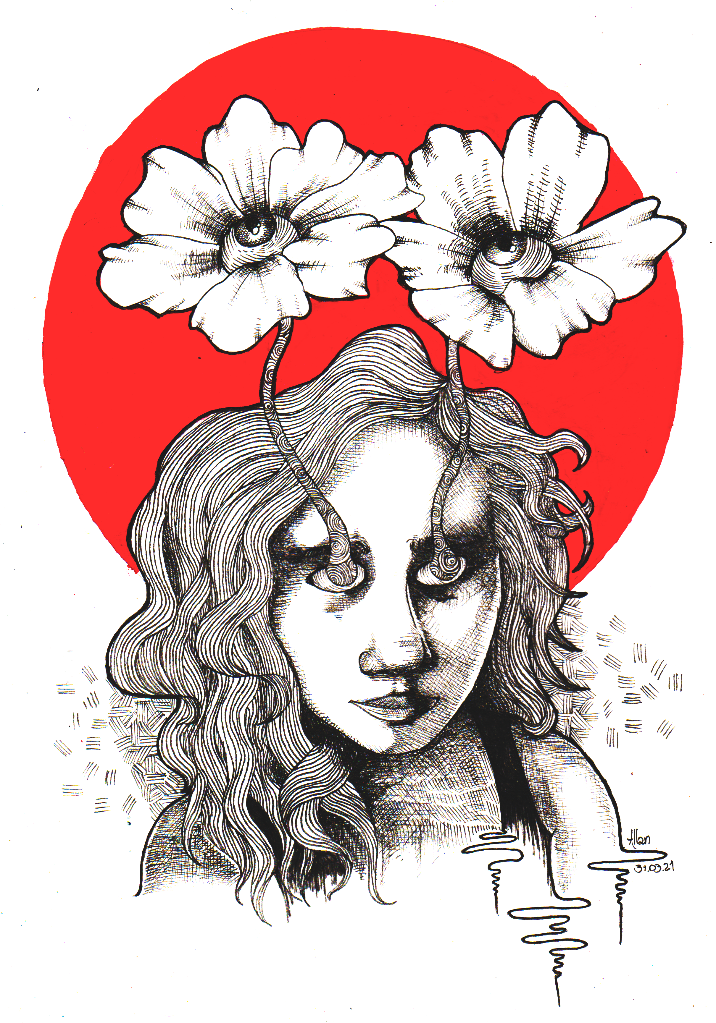 Os olhos dela só enxergam flores, 2021, Técnica mista nankin e acrílica. [2420x3460px]